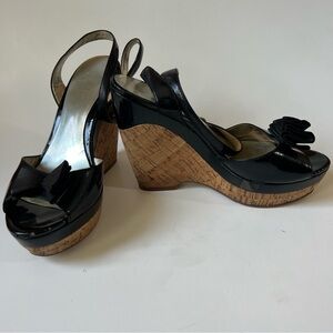 GUESS Faux Leather Wedge, Black Ankle Strap, 7M